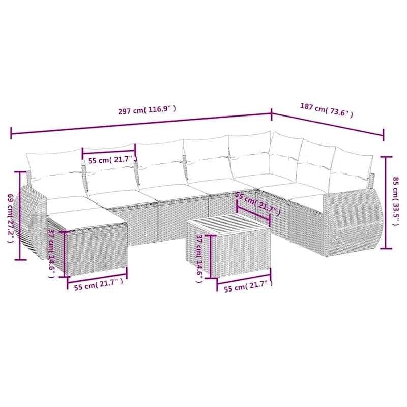 vidaXL Patio Sofa Set with Cushions Outdoor Furniture 9 Piece Poly Rattan - 24.4" x 24.4" x 27.2"