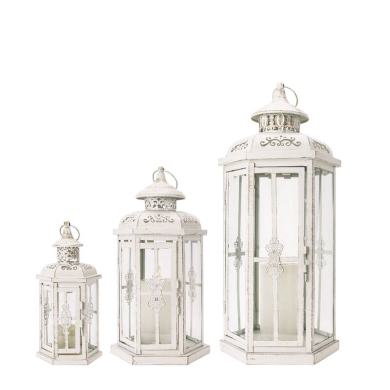 Set of Three White Distressed Filigree Metal Tabletop Lantern Candle Holders
