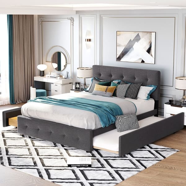 slide 2 of 6, Upholstered Platform Bed with 2 Drawers and 1 Twin XL Trundle Perfect to Any Room