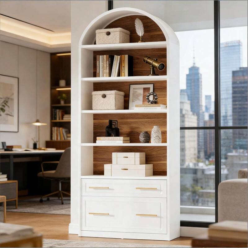 5-Tier Arched Bookshelf with Drawer & File Cabinet, Wood Storage Bookcase for Living Room or Home Office
