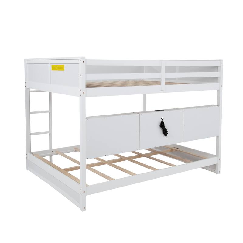 Queen-Over-Queen Pine Bunk Bed with 6 Storage Cabinets, Charging Station and Safety Guardrails