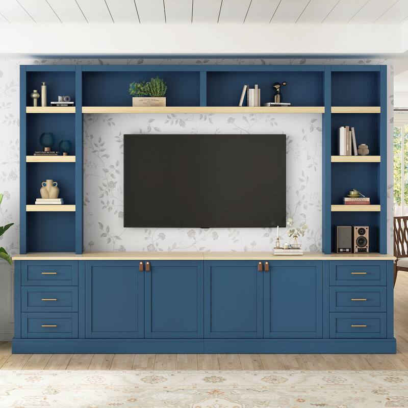 102.3" Farmhouse TV Stand with 6 Drawers & Adjustable Shelves - Entertainment Center for 75" TVs with Bookshelves