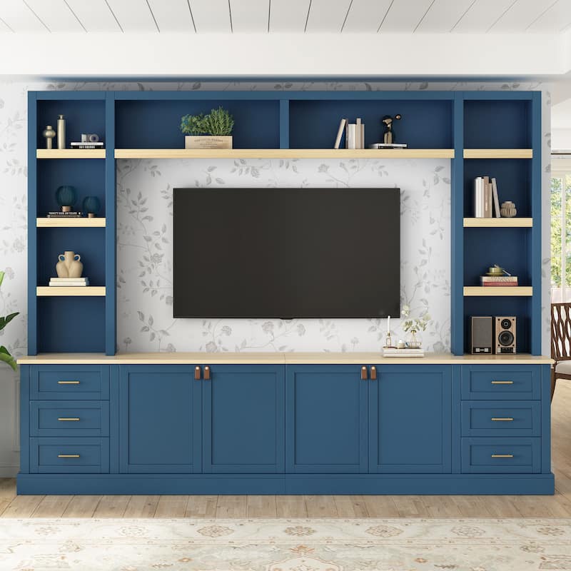 102.3"W Farmhouse 4-Piece Entertainment Center Wall Unit with Adjustable Shelf, TV Stand with Bookshelves for TVs Up to 75"