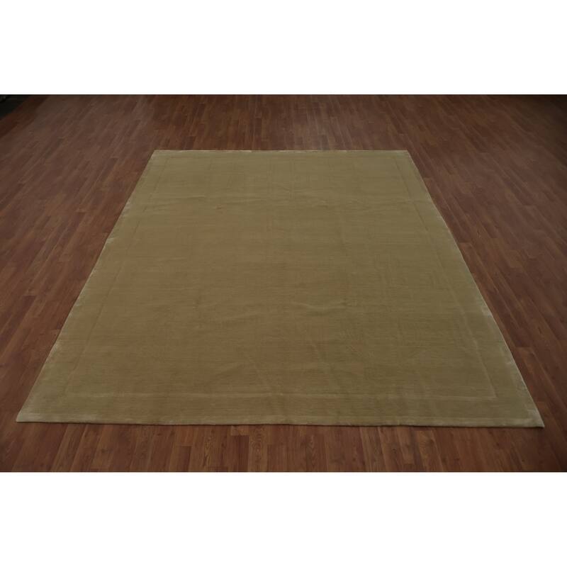 Hand Knotted Oriental Wool & Silk Carpet Modern Geometric Beige & Ivories Nepalese Area Rug - 10' 0'' X 8' 1''