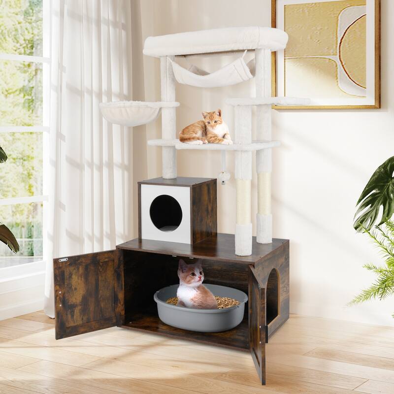 Gymax 59 inch Cat Tree w/ Litter Box Enclosure w/ Hidden Washroom
