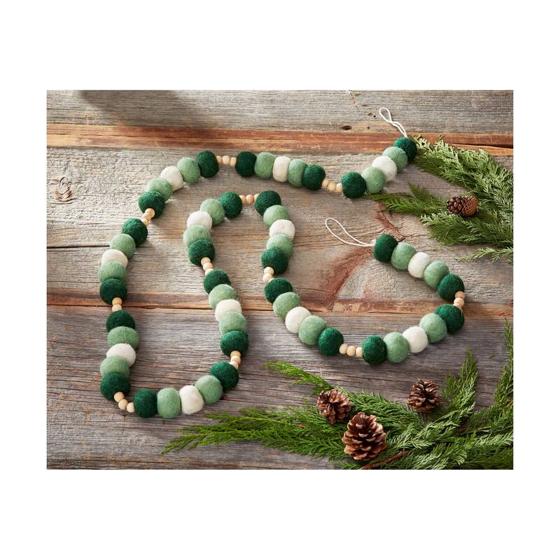 Woodland Felt & Wood Bead Garland Decorative Wall Banner Holiday Decor Christmas Green Multi 72in Long