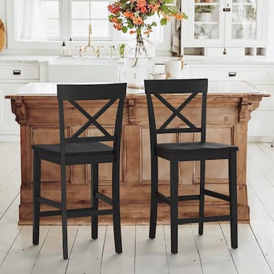 24 in. Solid Wood Cross Back Bar Stools X-Back Wooden Bar Chairs with Footrests - 19.7"D x 17.5"W x 28.4"H