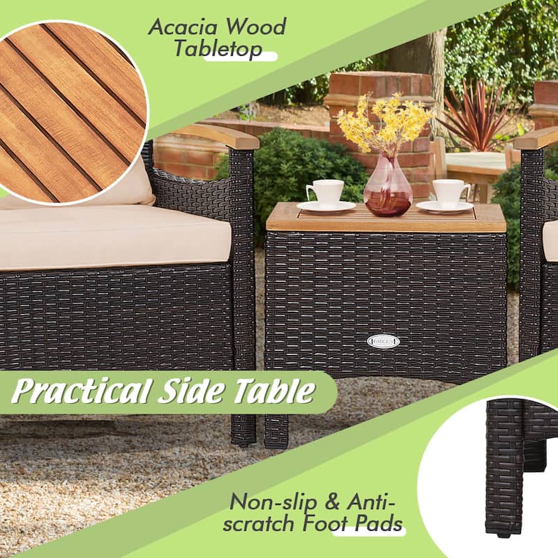 Gymax Set of 3 Rattan Furniture Set Wooden Armrest Table Top Cushioned