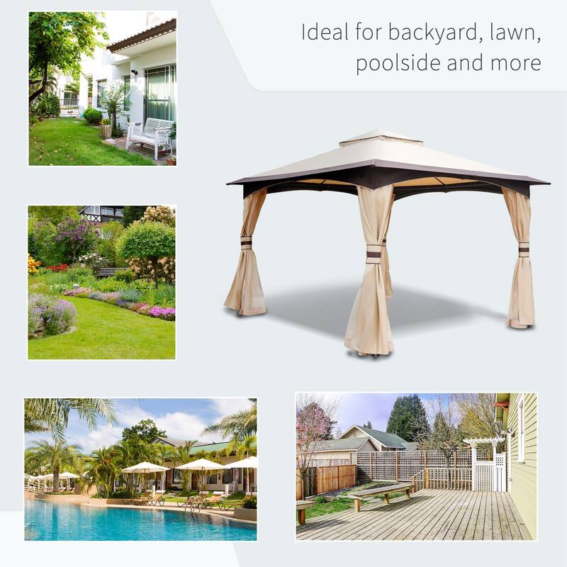 10' x 12' Outdoor Gazebo with Netting and Curtains, Patio Gazebo Canopy with 2-Tier Soft Top Roof and Steel Frame