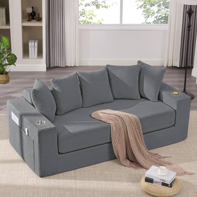 2-in-1 Convertible Sleeper Sofa, Floor Folding Couch, Sofa Bed with Side Pocket, Pull Out Loveseat with Cup Holders