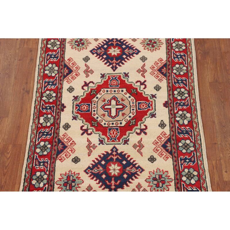 Beige Geometric Kazak Foyer Rug Hand-Knotted Wool Carpet - 2'9" x 4'1"