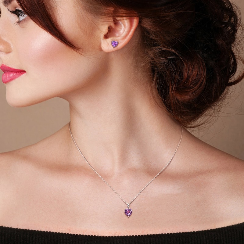 Miadora 4 1/2ct TGW Heart-Shape Amethyst Solitaire Necklace and Stud Earrings Set in Sterling Silver