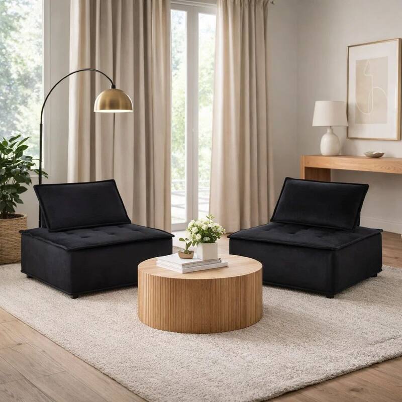 Nob 40 Inch Armless Lounge Chair, Set of 2, Tufted Seats, Black Velvet