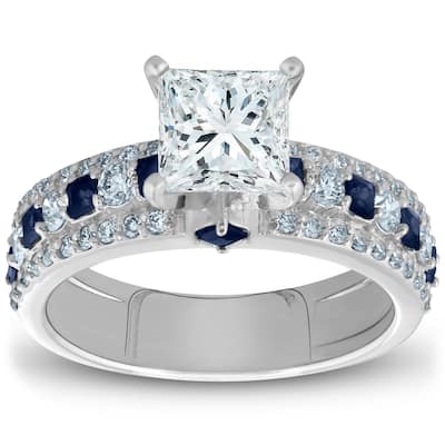 2 3/4ct Princess Cut & Sapphire Diamond Engagement Ring White Gold Lab Grown
