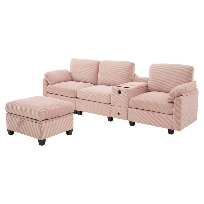 HOMEFUN Corduroy Upholstered L-Shaped 4-seater Storage Multifunctional Sectional Sofa with Storage Ottoman,Cup Holder and USB