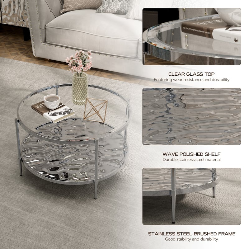 Clihome Stainless Steel Glass Round Coffee Table