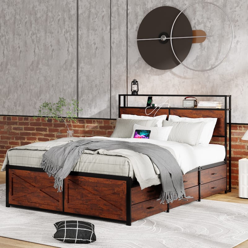 Queen Bed Frame with Storage Headboard, 12 Drawers, LED Lights, and Built-in Charging Station - Rustic Brown