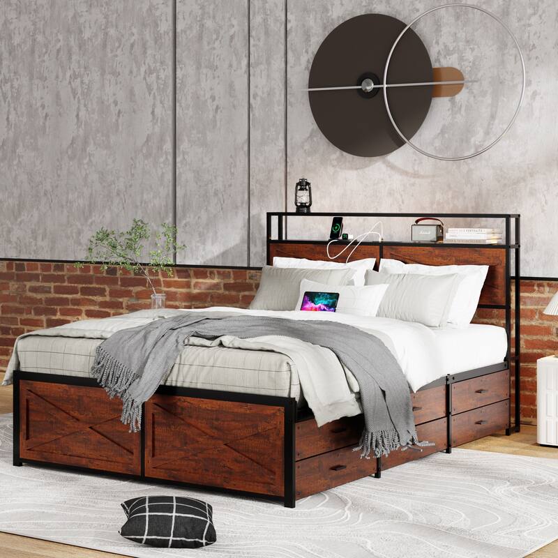Roomfitters Queen Bed Frame with Storage Headboard, Charging Station, Metal Platform Support, Under Bed Storage, Rustic Brown