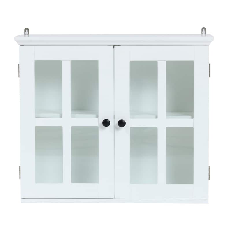 White MDF Wood Glass Pane Bathroom Wall Cabinet - 19.9" H x 23.6" W x 7.5" D