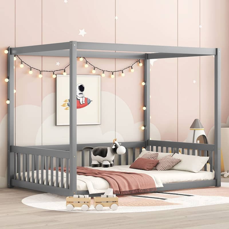 Full Canopy Frame Floor Bed with Safety Guardrails, Sturdy Pine Wood Design for Kids & Teens - Grey - Full