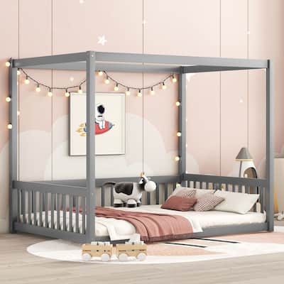 Full Canopy Frame Floor Bed with Safety Guardrails, Sturdy Pine Wood Design for Kids & Teens