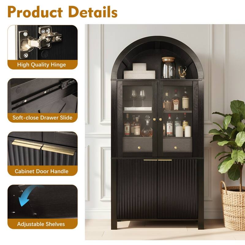 71" Tall Fluted Arched Pantry Cabinet with Glass Doors and Adjustable Shelves for Elegant Kitchen Storage