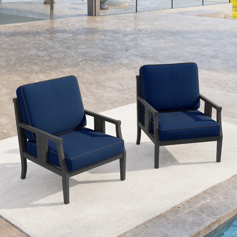Set of 2 Outdoor Teak Wood Armchairs with Cushions, Patio Club Chairs