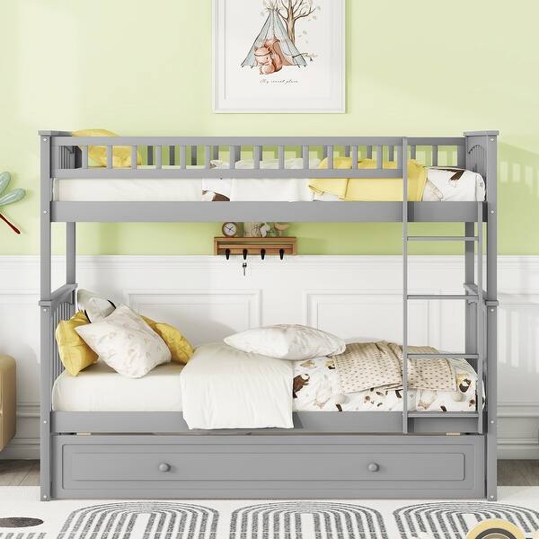 slide 2 of 10, Twin over Twin Bunk Bed Frame with Trundle-Can Be Converted into 2 Beds