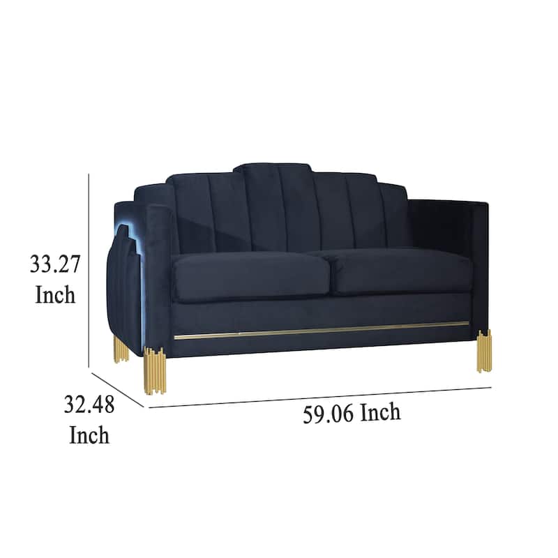 Theo Loveseat, Black Velvet, Blue LED Lights, Gold Metal Legs, 59 Inch