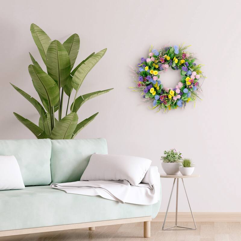 Echinops and Chrysanthemums Floral Artificial Spring Wreath - 24" - Yellow