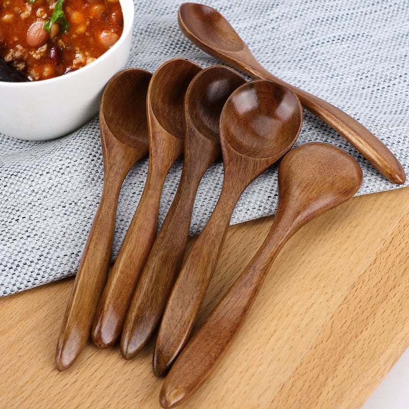 Wooden Spoons 6 Pcs Natural Grain Soup Spoon Salt Sugar Dining Spoons 5.5" Brown