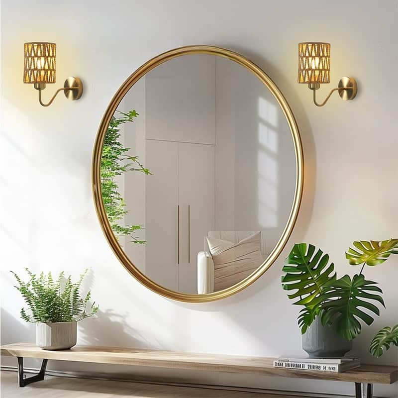 2 Pack bulb light gold light fixtures metal, rattan wall light