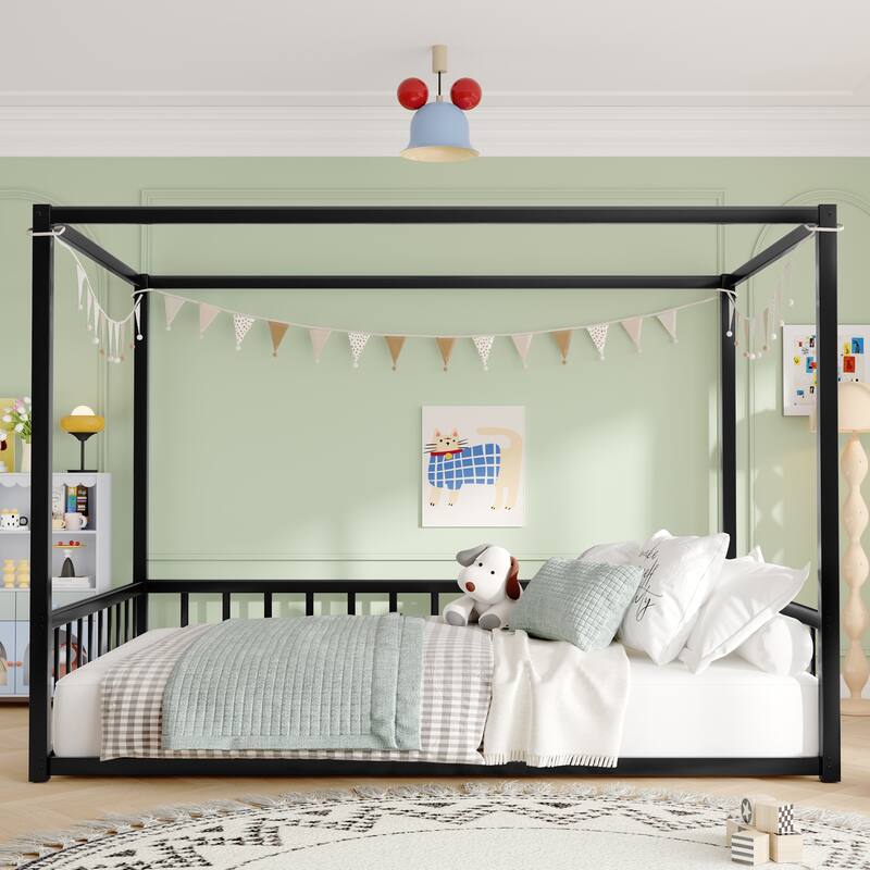 Full Size Sunshade Floor Bed, Iron Double-Size Bed Frame,Equipped With Fence-Style Guardrails - Black