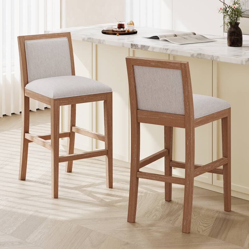 30.5" Height Bar Stools Set of 2, Rubberwood Frame & Fabric Upholstered Cushion, Retro Style for Kitchen or Dining