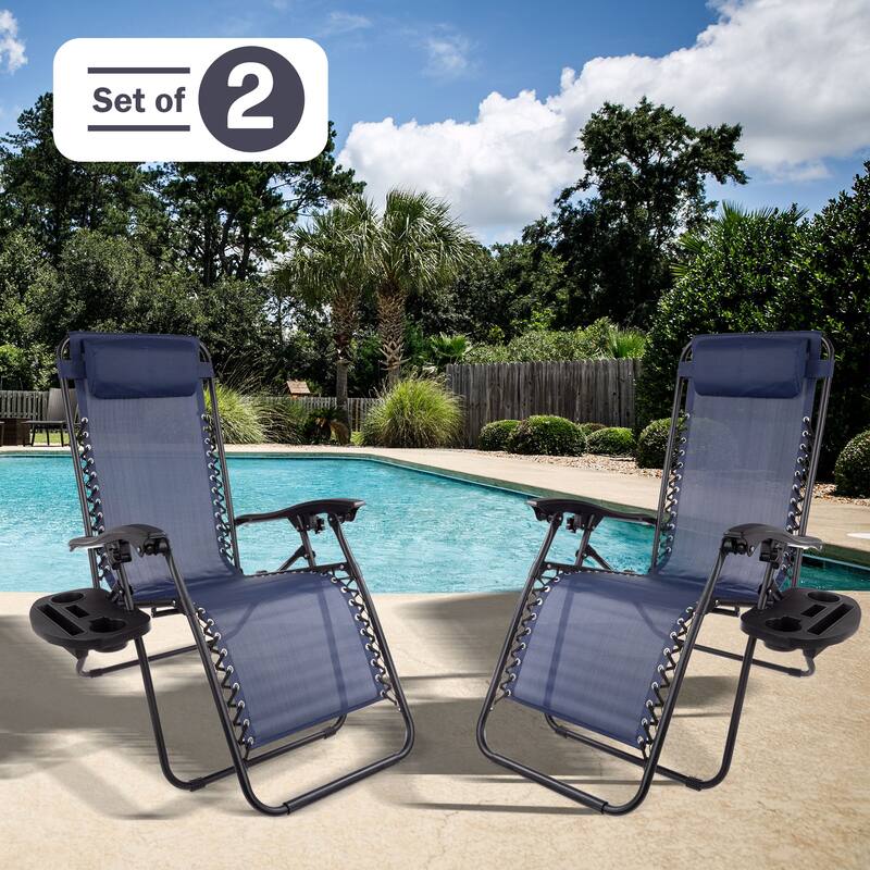Zero Gravity Chairs Set of 2 - Steel and Mesh Recliner Folding Chairs for Outside by Lavish Home (Navy) - Navy Blue
