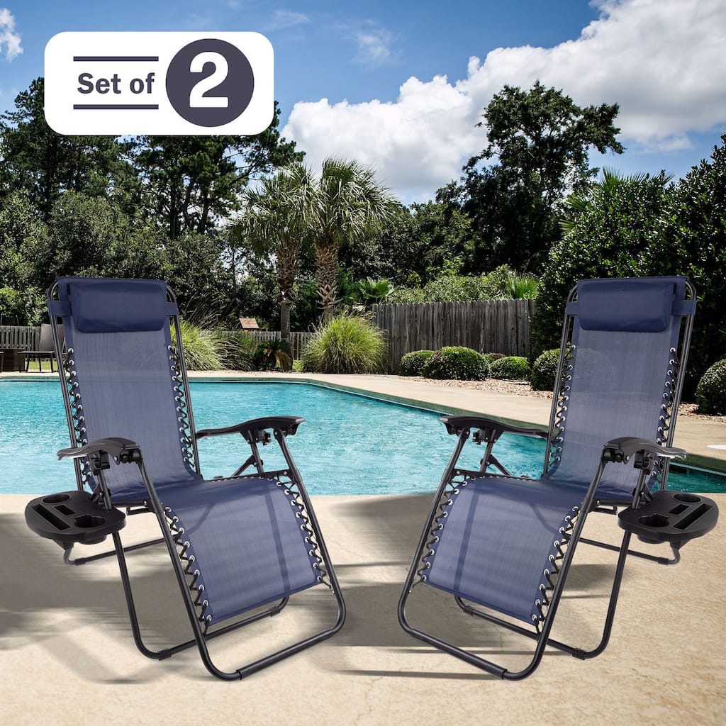 Zero Gravity Chairs Set of 2 - Steel and Mesh Recliner Folding Chairs for Outside by Lavish Home (Navy)