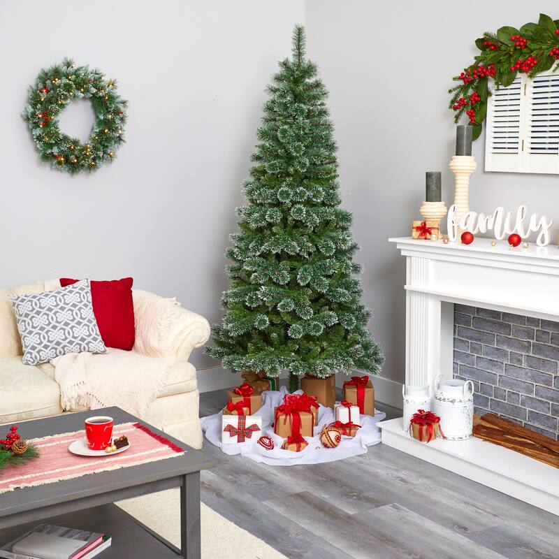 7’ Pre-Lit Wisconsin Slim Snow Tip Pine Artificial Christmas Tree, Clear LED Lights - 8 Foot