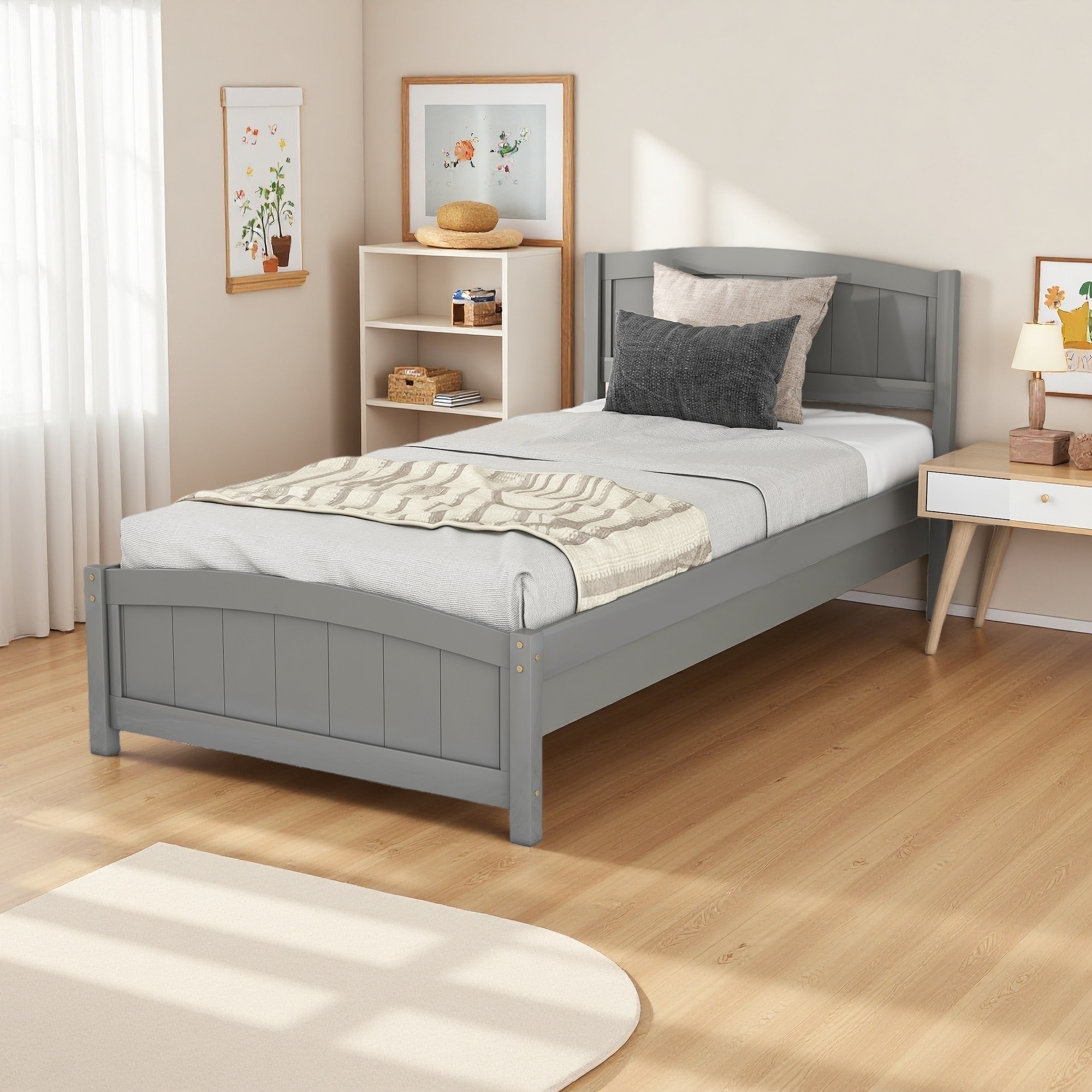Twin Size Wood Platform Bed with Headboard & Footboard - Classic Stylish Design, Solid Construction, Stability, Easy Assembly