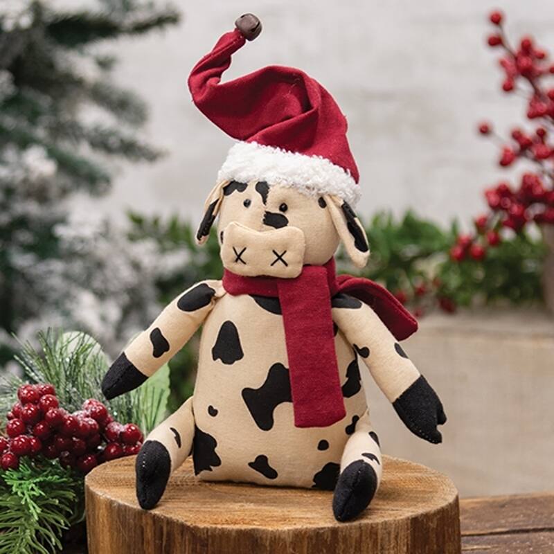 Stuffed Baby Cow Doll with Santa Hat and Scarf Christmas Decor - 3.50” x 2” x 6.50”