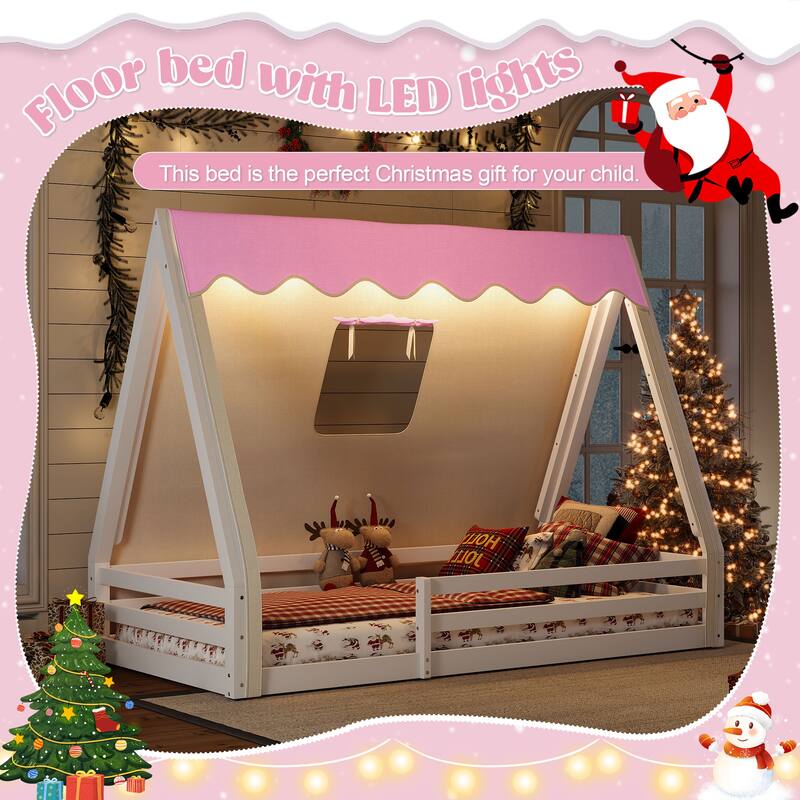 Montessori House Floor Bed with Tent and Lights, Solid Wood Teepee Bed with Guardrails, Twin/Full Kids Bed Frame