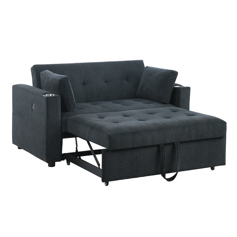 3 in 1 Convertible Pull Out Couch, Tufting Loveseat with Cupholders and USB Ports, 2 Seater Sofa with Pillows and Storage Bag - Black