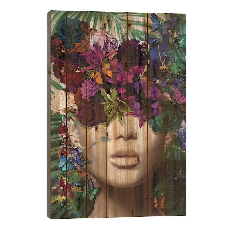 Agnes With Flowers, Foliage And Butterflies Print On Wood by Marcio Alek - Multi-Color - 26x18x1.5