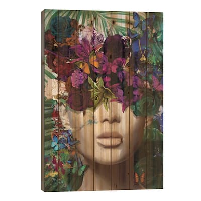 Agnes With Flowers, Foliage And Butterflies Print On Wood by Marcio Alek - Multi-Color