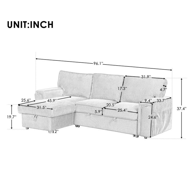Upholstery Sleeper Sectional Sofa with Storage Bags & 2 Hidden Cup Holders