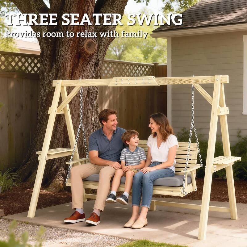 Outsunny 3 Seat Porch Swing with Stand, Wooden Patio Swing Chair with Cushion, Side Trays and Metal Chains