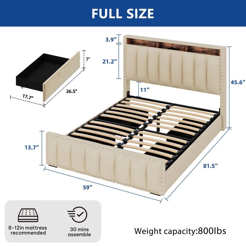 Moasis Full/Queen/King Velvet Upholstered Platform Bed Bedframe with Charging Station and 4 Storage Drawers - Full - Beige