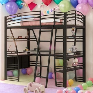 Modern Twin Size Loft Bed With 4 Layers Of Shelves And L-shaped Desk,Sockets,USB Ports,Wireless Charging