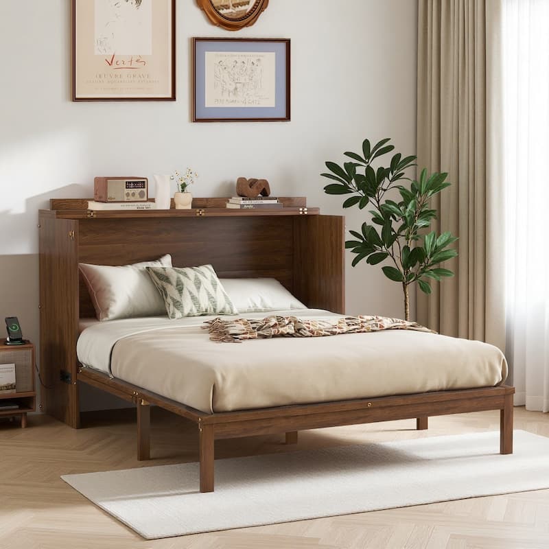 Queen Size Murphy Bed with Drawer Pine Wood Cabinet Bed with Power Station and Rattan Decoration Panel