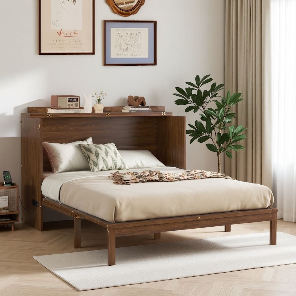 Queen Size Murphy Bed with Drawer Pine Wood Cabinet Bed with Power Station and Rattan Decoration Panel