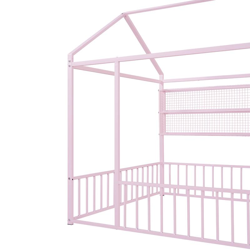 Full Size Metal House Bed Frame with Built-In Grid Shelves, Playful Canopy Design and Space-Saving Storage